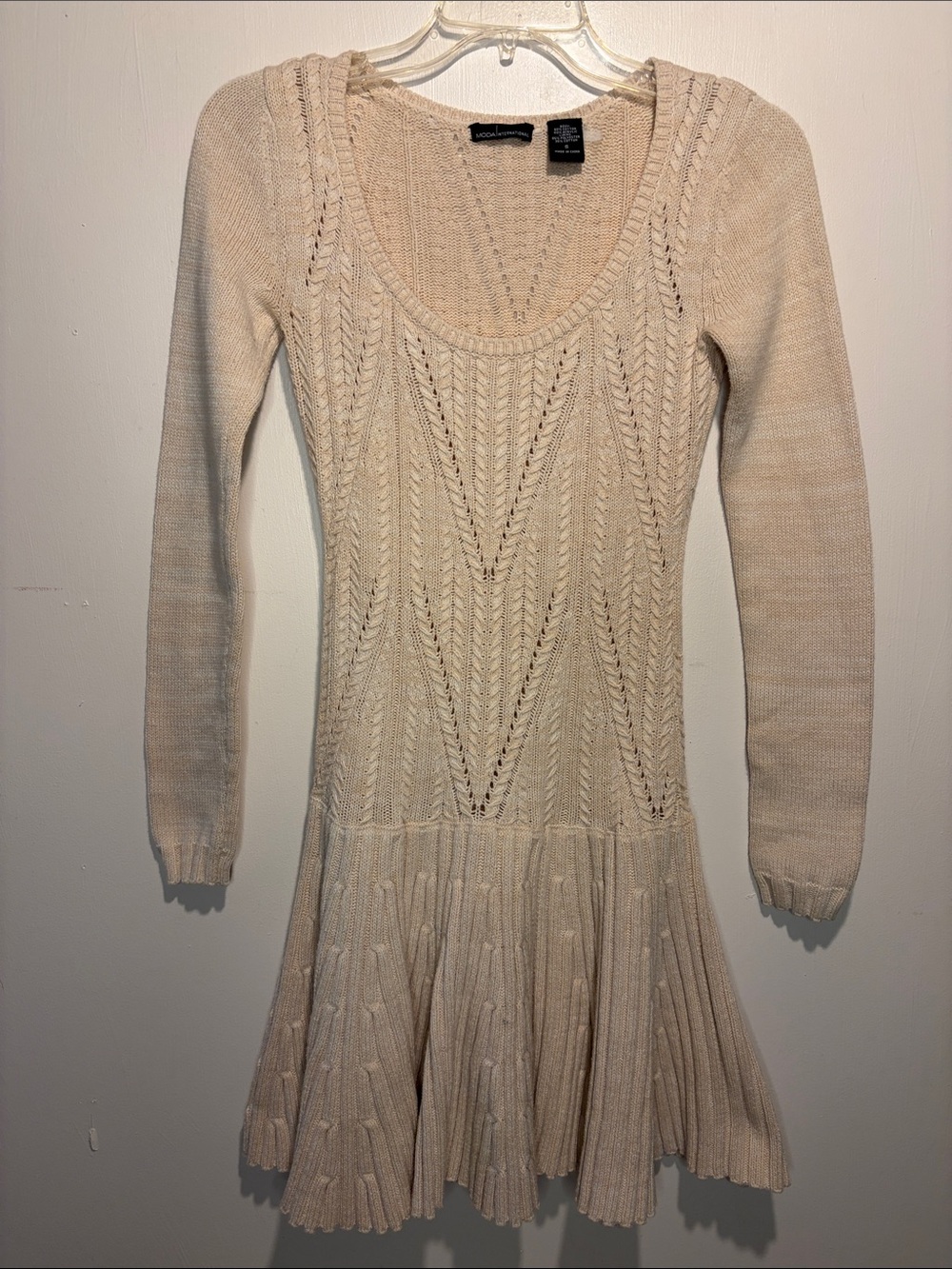 Moda international Crochet Ribbed Sweater Dress Pale Pink Cream Cottagecore SZ S